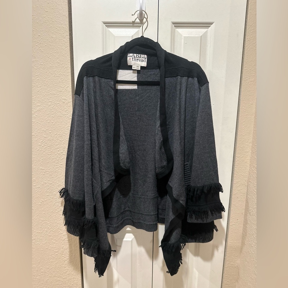 NWOT LABEL+ thread Jenna Fringe Cardigan Charcoal Extrafine Merino Wool,size M/L